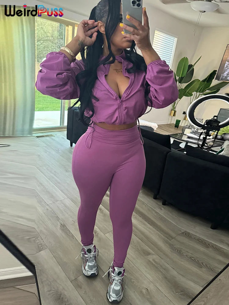 Women's Zip-Up Tracksuit Set – Drawstring Jacket & Leggings